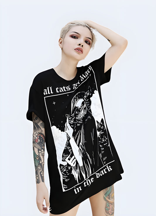 Oversize goth style t-shirt black cat womens t-shirt.