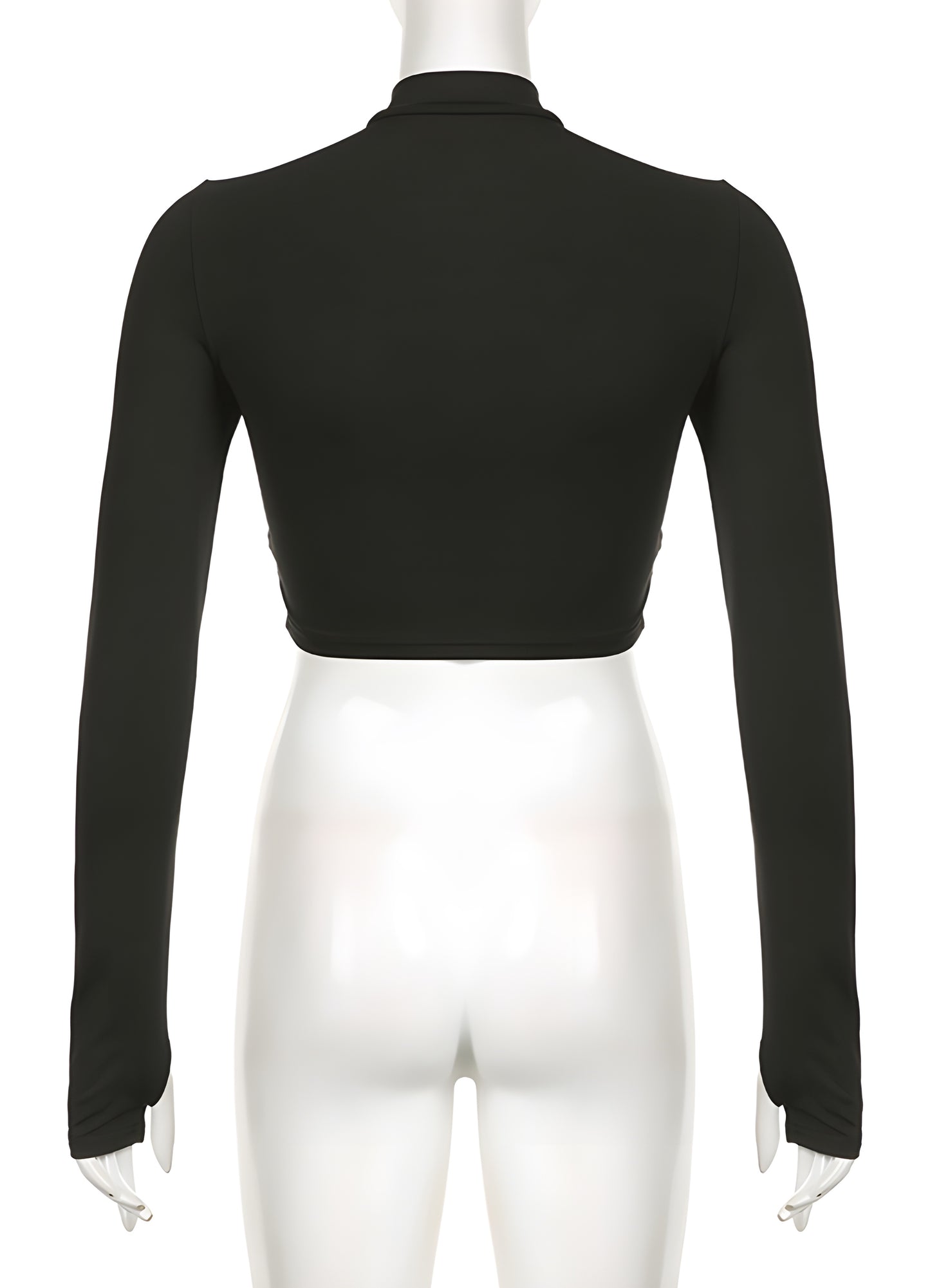 Back view of a woman in a stylish black turtleneck bodysuit, showcasing its smooth silhouette and seamless fit. This timeless piece appeals to the UK’s trendsetters, offering a chic, minimalist look that can easily transition between day and night outfits.