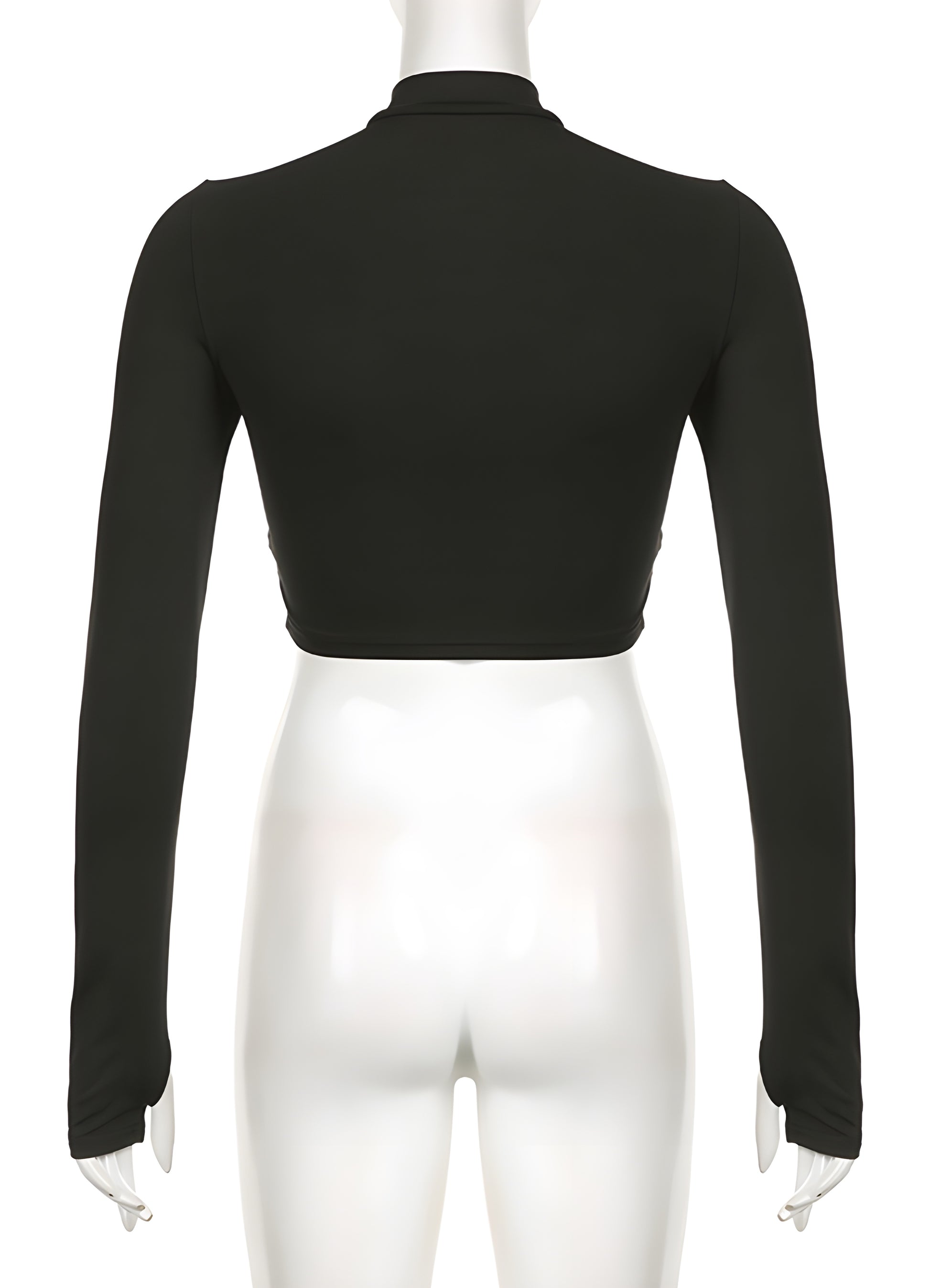 Back view of a woman in a stylish black turtleneck bodysuit, showcasing its smooth silhouette and seamless fit. This timeless piece appeals to the UK’s trendsetters, offering a chic, minimalist look that can easily transition between day and night outfits.