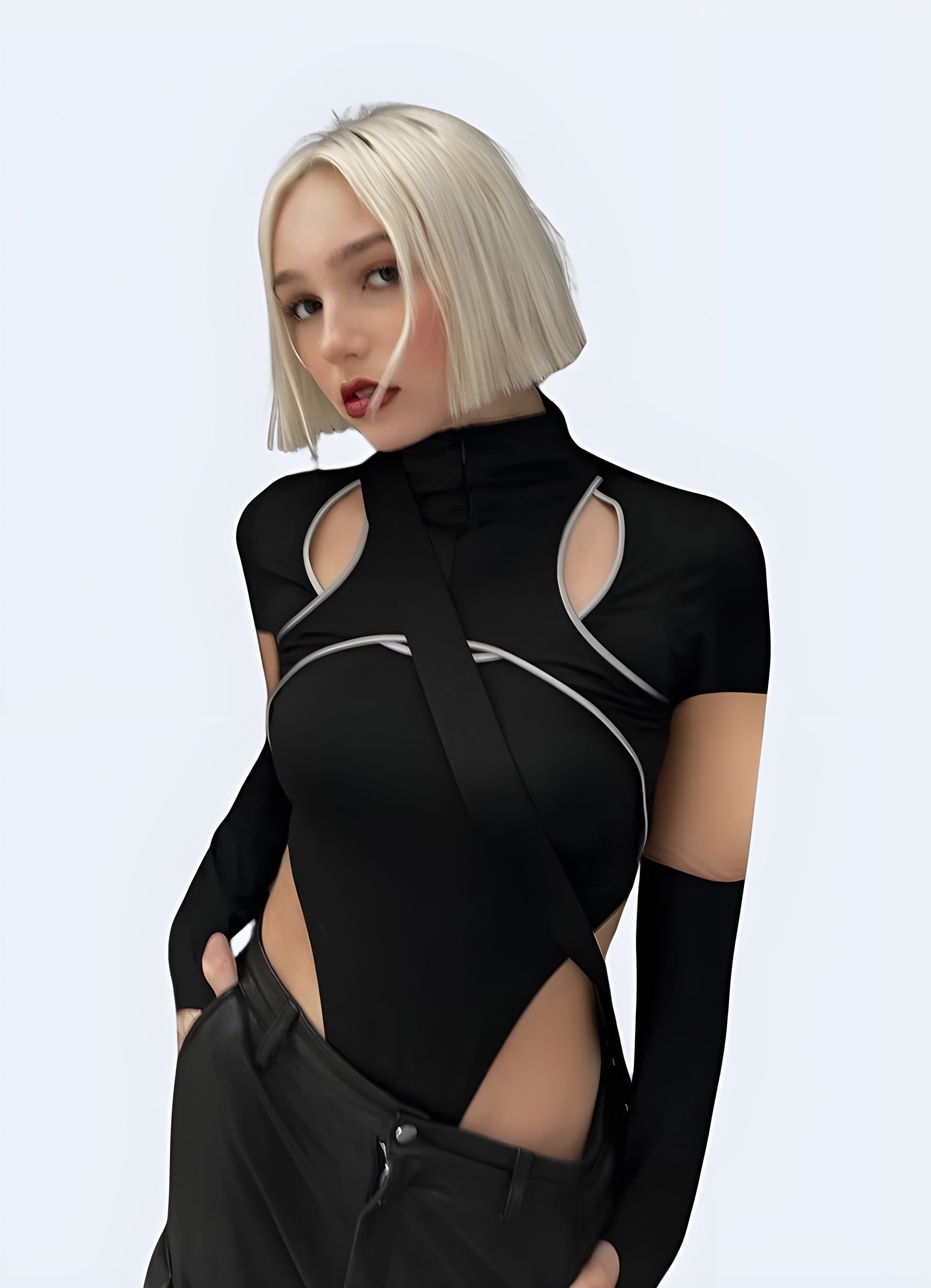 Front view of a woman wearing a classic black turtleneck bodysuit, showcasing its figure-flattering silhouette and timeless style for UK wearers.