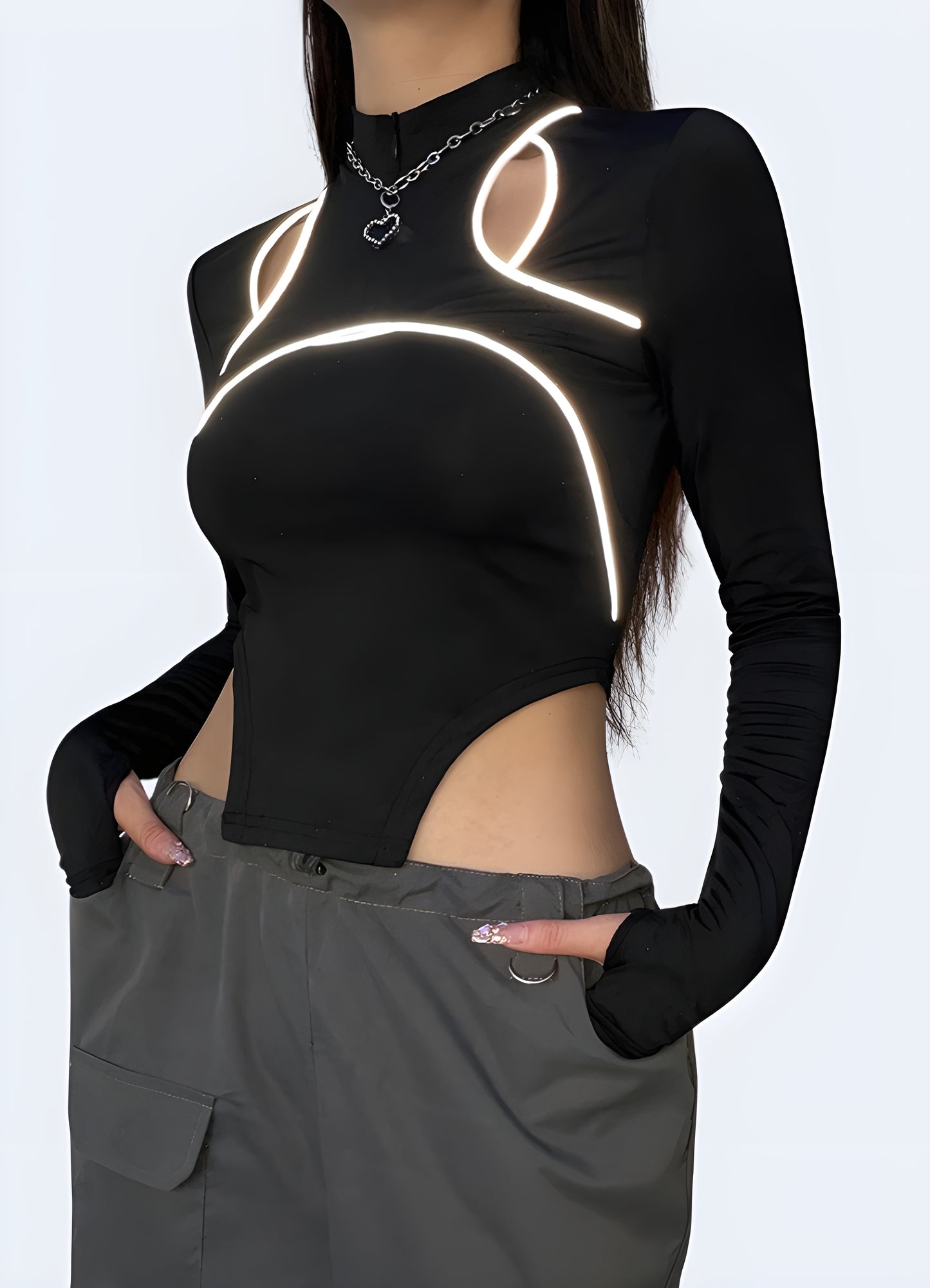 Front view of a woman wearing a classic black turtleneck bodysuit, showcasing its figure-flattering silhouette and timeless style for UK wearers.