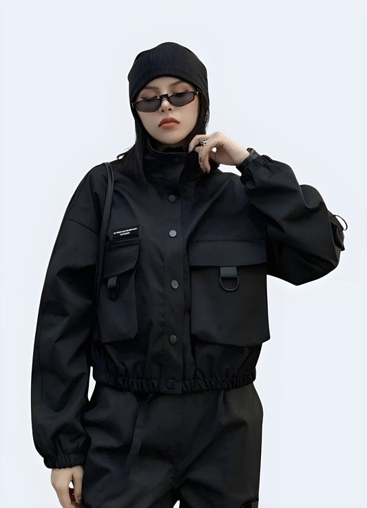 Single breasted closure solid pattern type black women utility jacket.