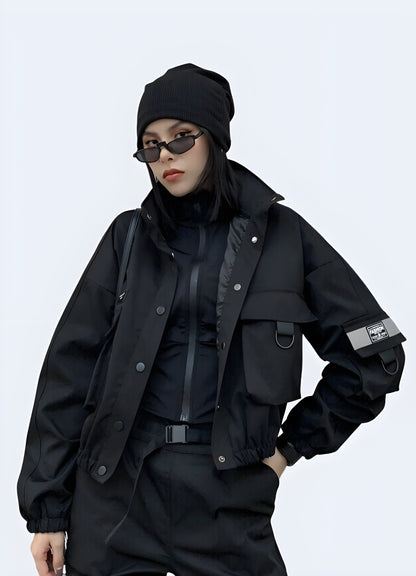 Multiple pockets decoration black women utility jacket.