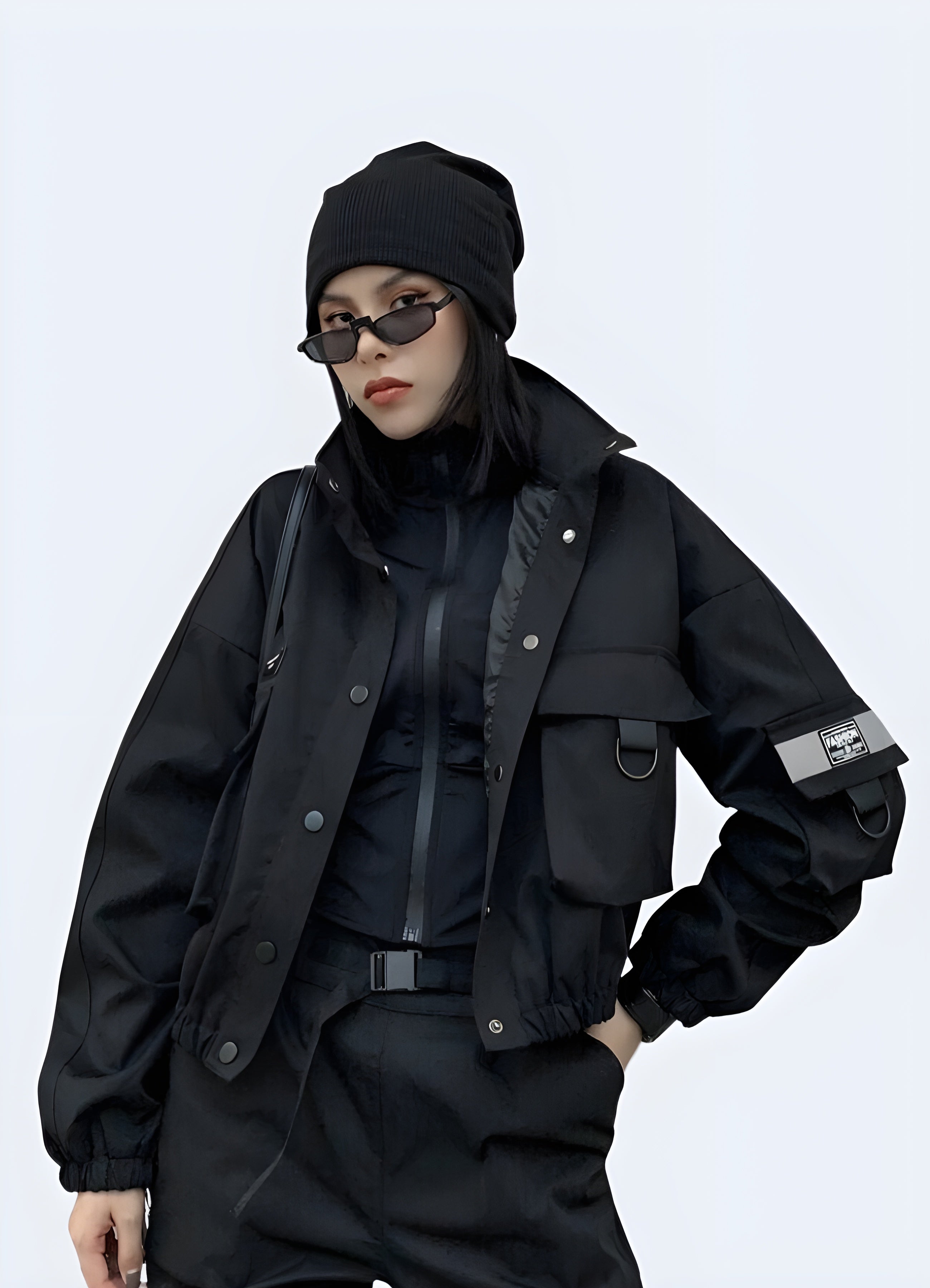 Fashion black hooded utility jacket