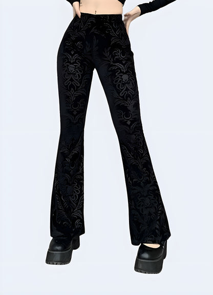 Intricate brocade pattern in rich hues adds a touch of luxury to these elegant wide-leg pants.