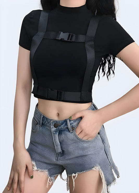 This black buckle crop top has two fastener ribbons on the front.