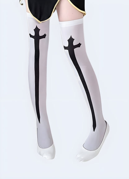 Extra-high knee length fits most rebels white cross knee socks.