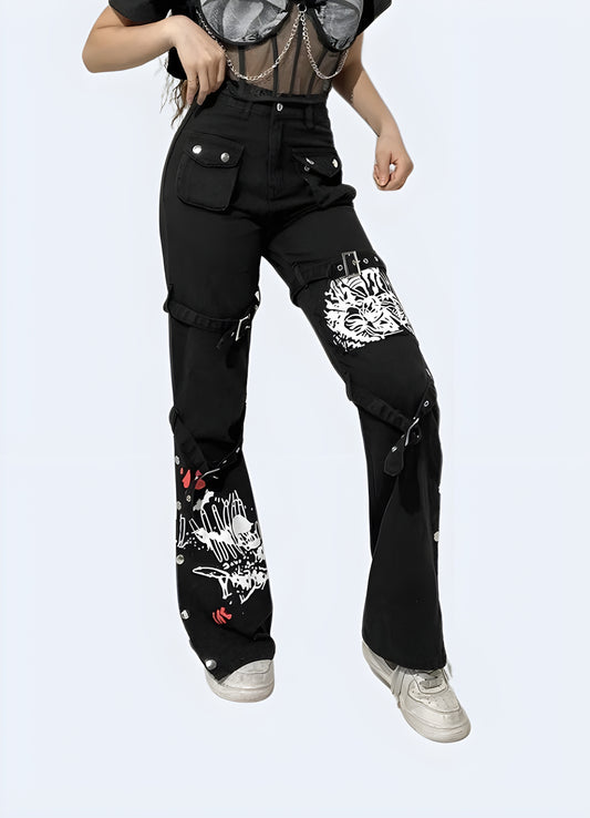 The gothic print etched on the thigh is a subtle nod to the gothic culture.