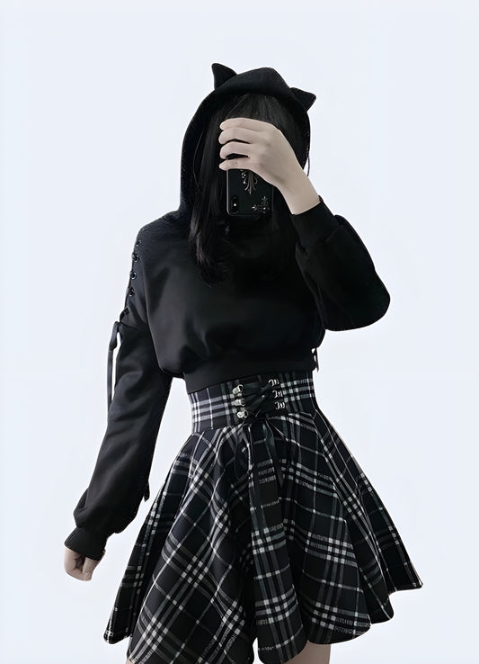 Kawaii techwear top with its unique hood featuring adorable ears.