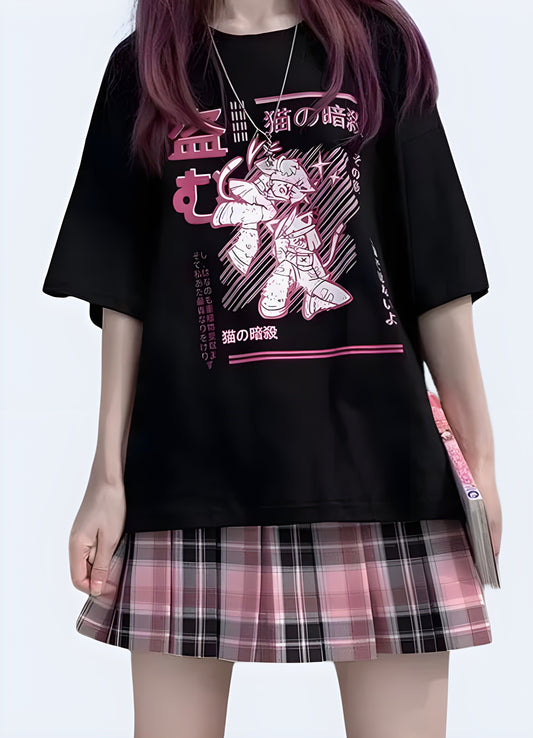 Streetwear style pink anime t-shirt black.