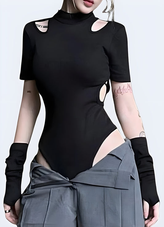 Women’s tactical bodysuit, sleek and form-fitting design with utility details, perfect for edgy streetwear and bold urban fashion looks. Comfortable and confident style for active wear.