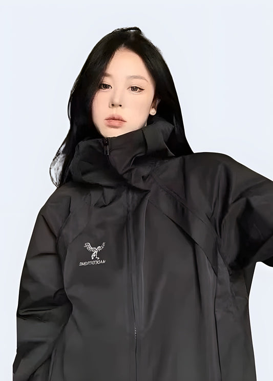 Women wearing tactical jacket black front view.