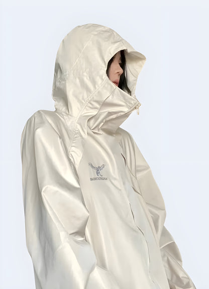Women wearing tactical jacket full cover hook up white front view.