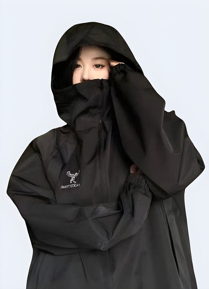 Women wearing tactical jacket zipper closure black front vew.