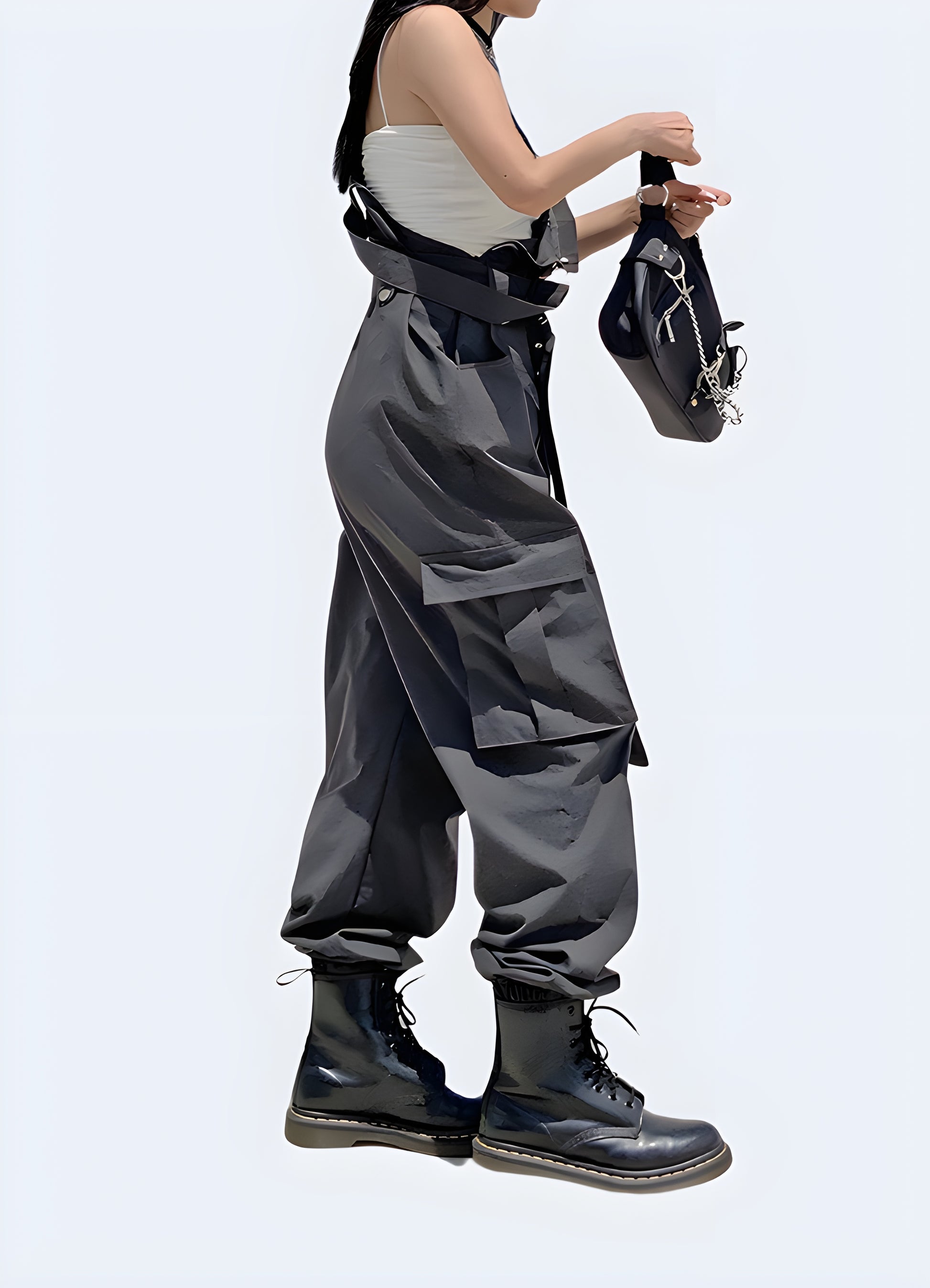 Tapered at the ankle, the black baggy pants create a retro-vintage silhouette that captivates and intrigues.