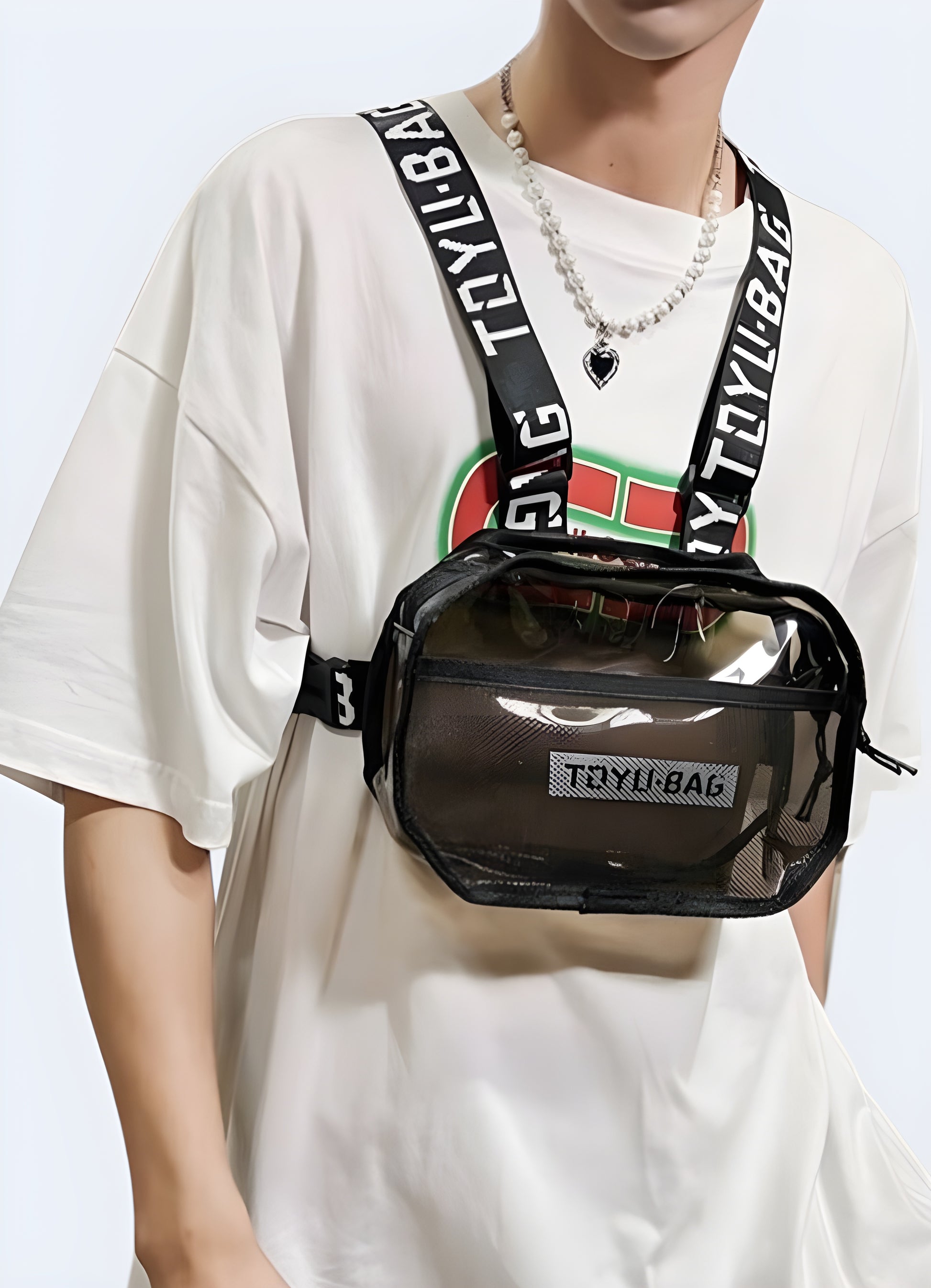 Women wearing transparent chest bag back view.