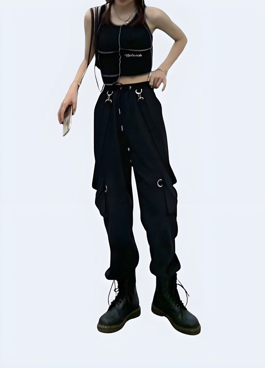 Elastic waist solid pattern type women cargo pants with straps.