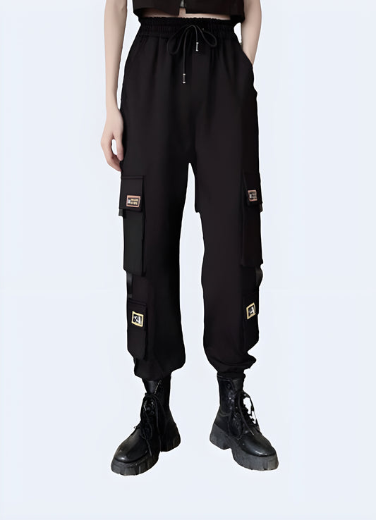 Goth style pant drawstring closure women stretch tactical pants.