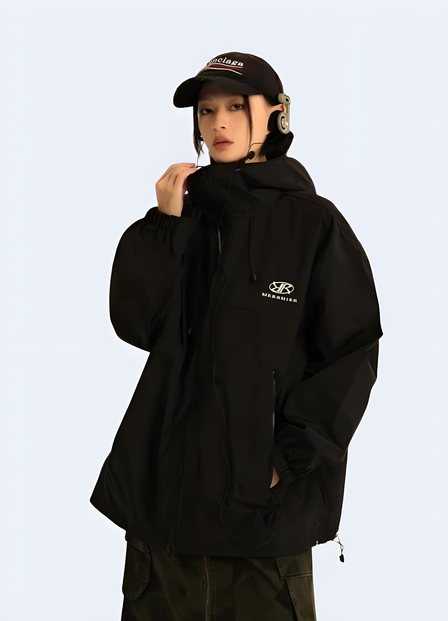 Full zip front closure covered by storm flap women windbreaker jacket.