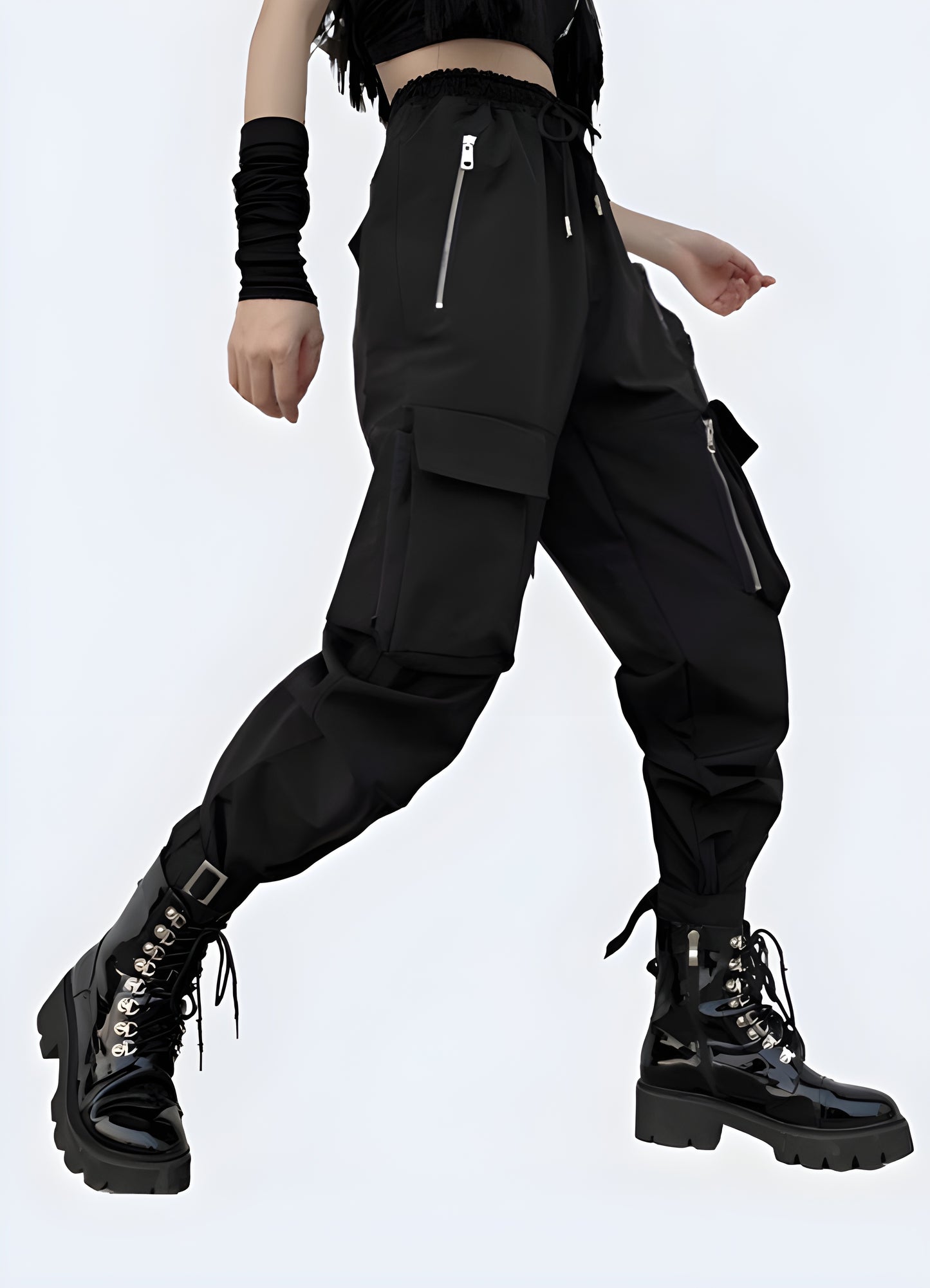These versatile pants feature zipper pockets that add a futuristic.