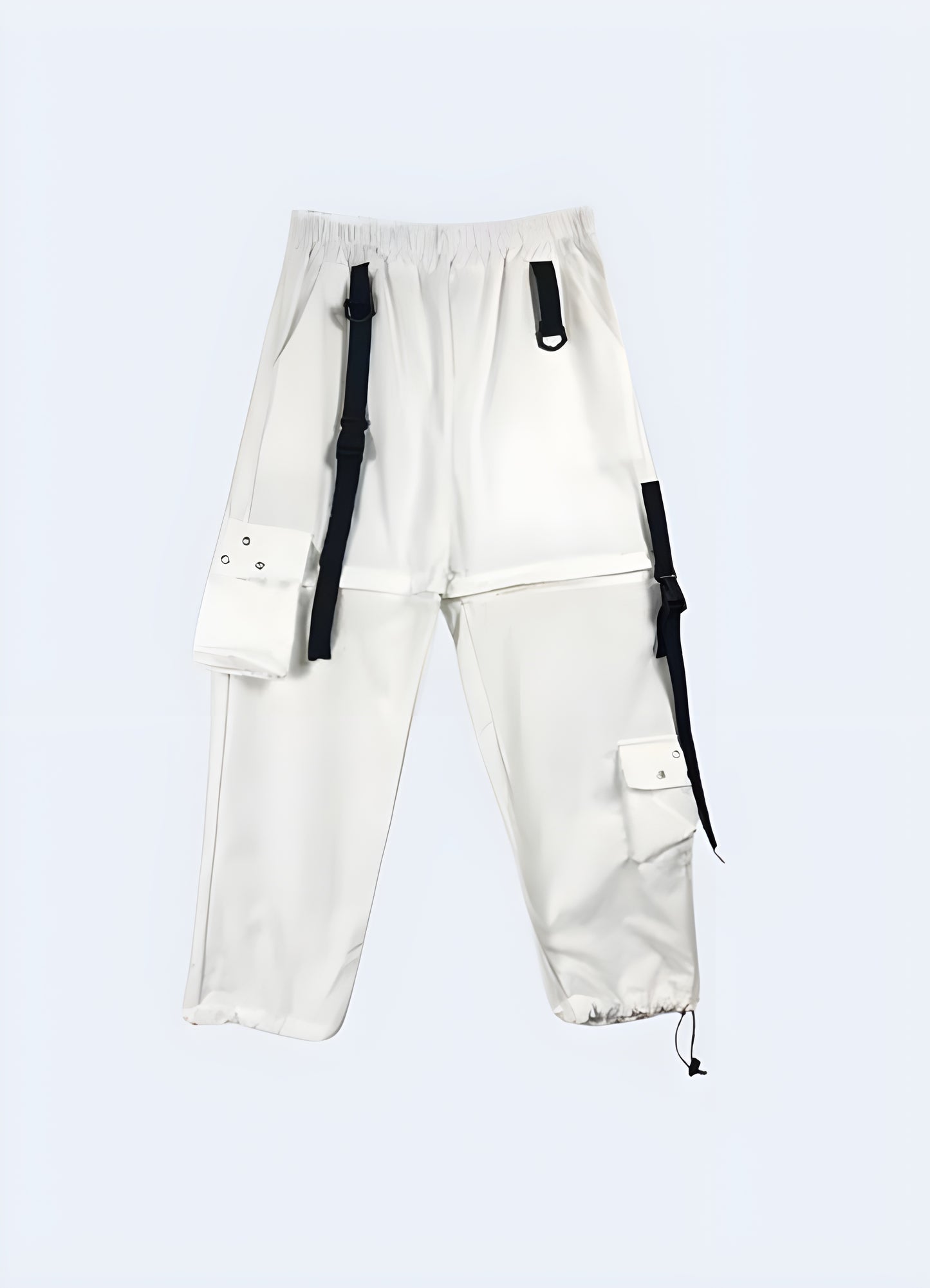 Womens white cargo pants multiple flap boast spacious pockets.