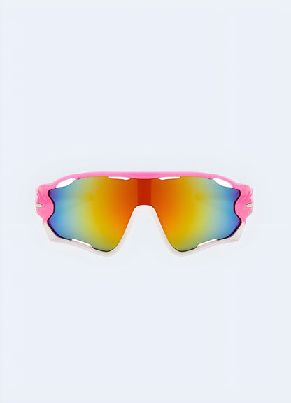 Mirrored pink lenses, a translucent frame, and trendy design capture the essence of the era.